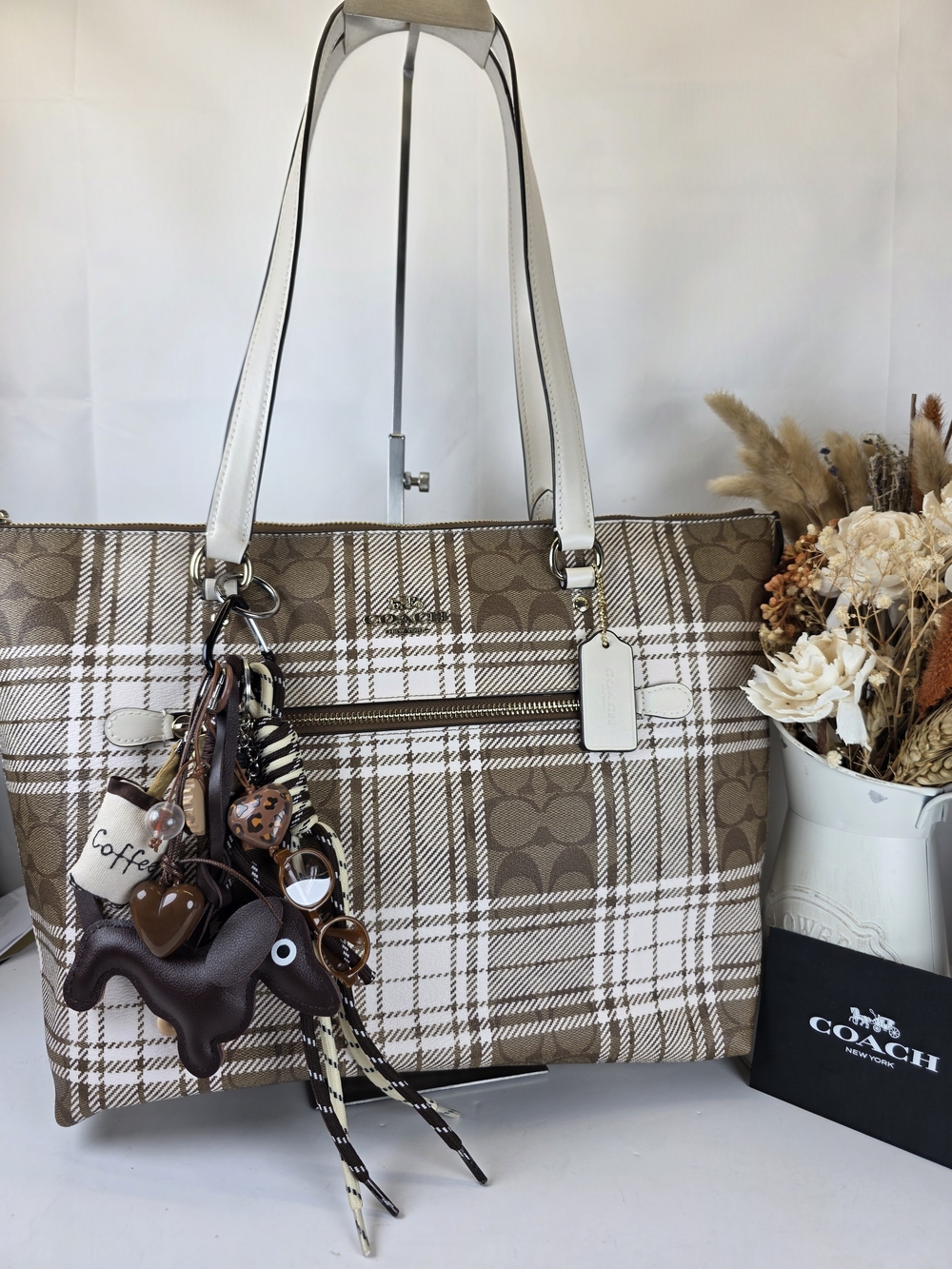 Coach Brown and White Plaid Signature Tote with Charm Cluster